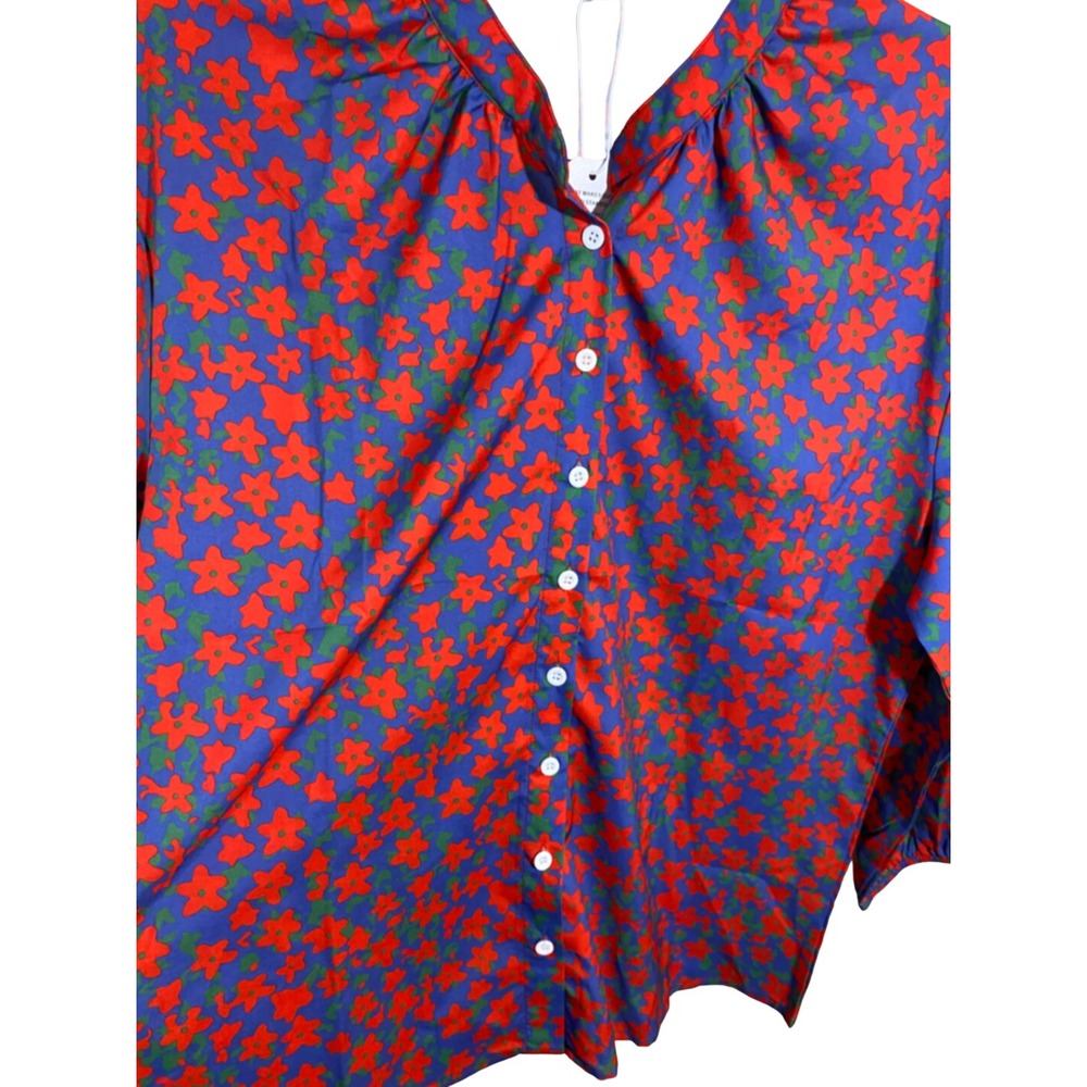 Floral Button Down Blouse Blue Red Star Flower Long Sleeve Top XL NWT - Picture 3 of 6